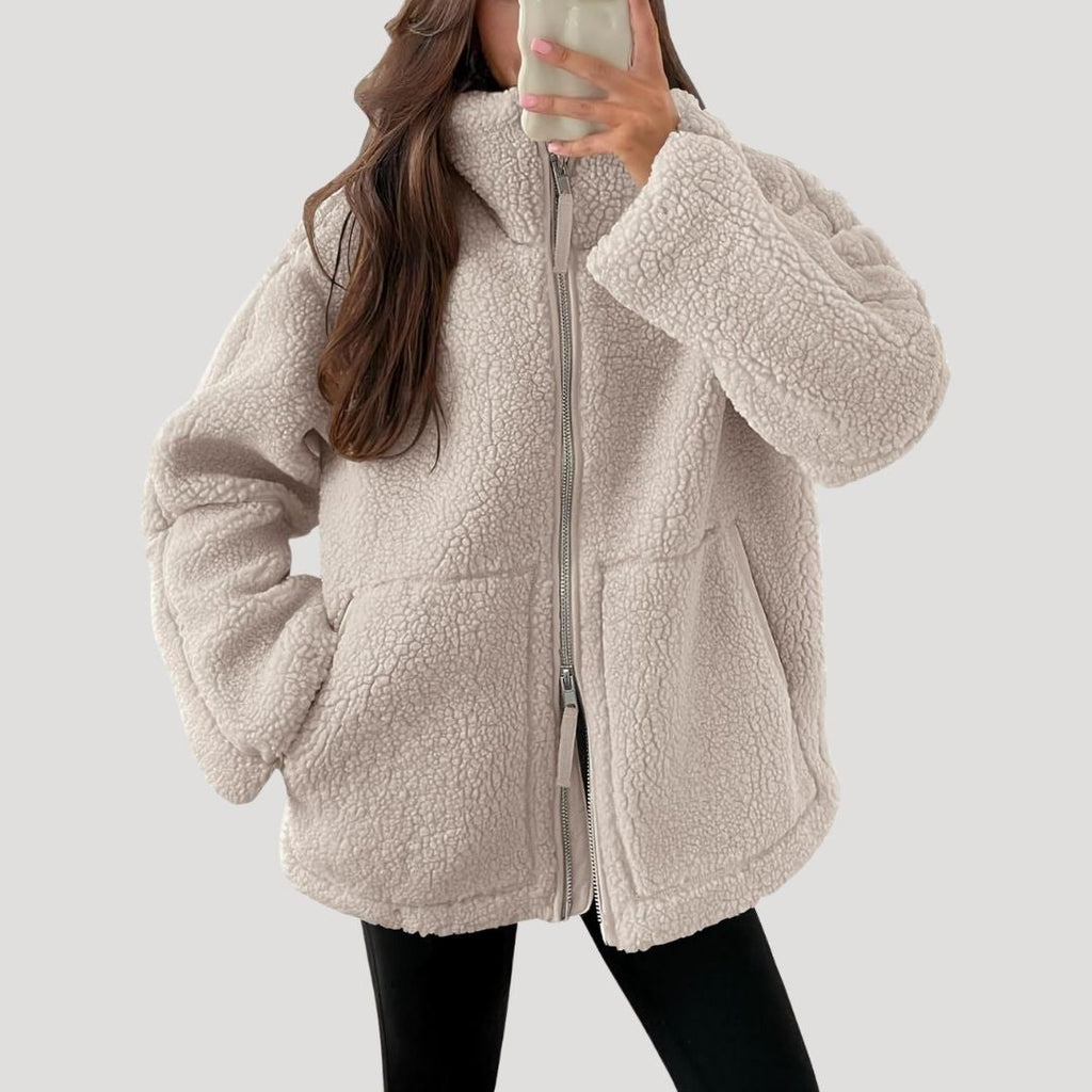 SUENTA Damen Fleecejacke Weiche Warme Flauschigen Textur Fleece-Material Reißverschluss Khaki