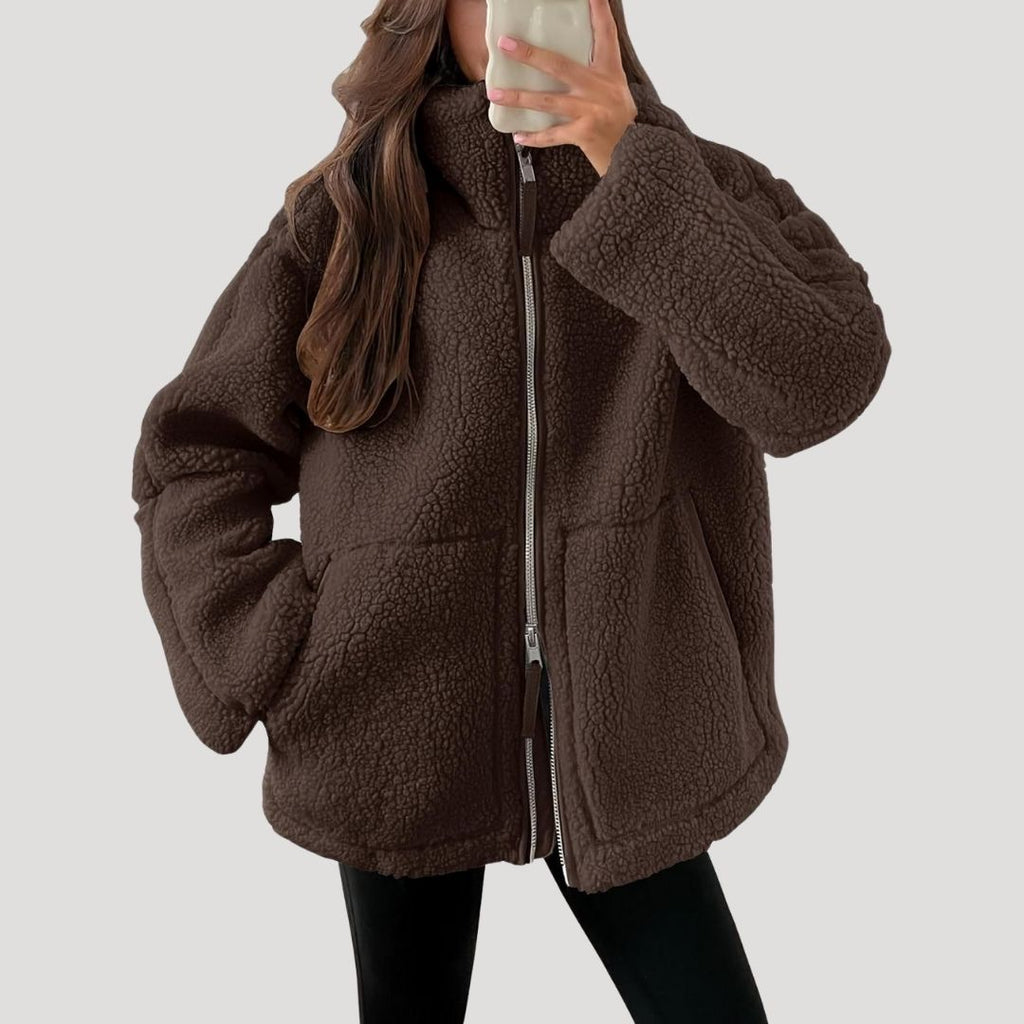 SUENTA Damen Fleecejacke Weiche Warme Flauschigen Textur Fleece-Material Reißverschluss Dunkelbraun
