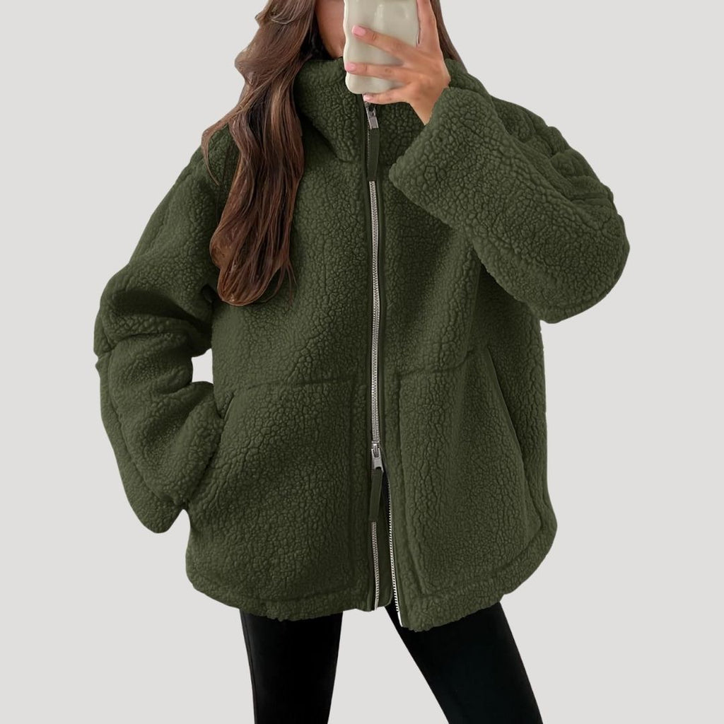 SUENTA Damen Fleecejacke Weiche Warme Flauschigen Textur Fleece-Material Reißverschluss Grün
