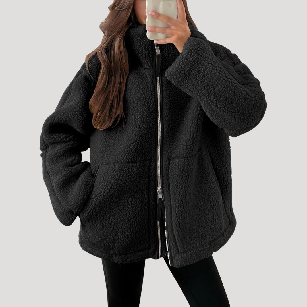 SUENTA Damen Fleecejacke Weiche Warme Flauschigen Textur Fleece-Material Reißverschluss Schwarz
