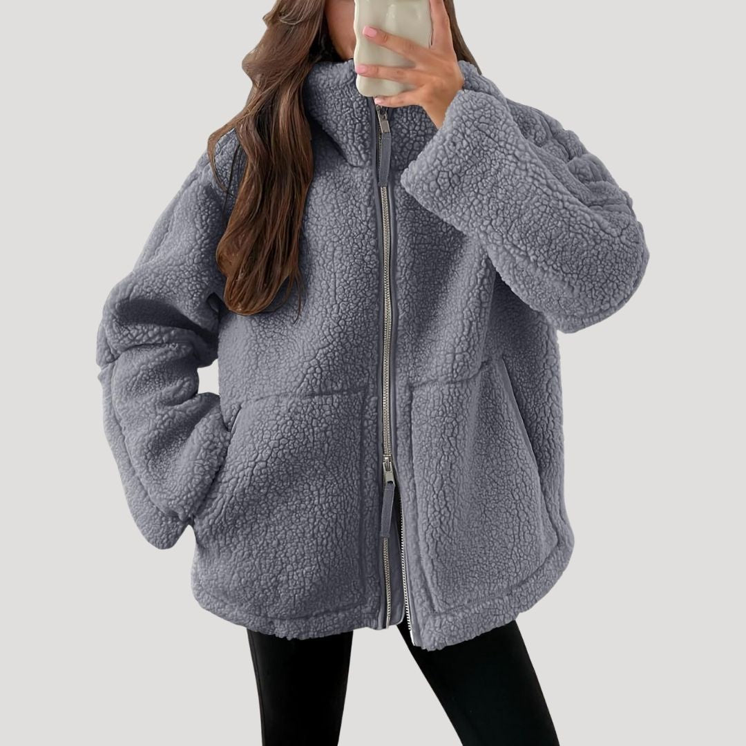 SUENTA Damen Fleecejacke Weiche Warme Flauschigen Textur Fleece-Material Reißverschluss Grau