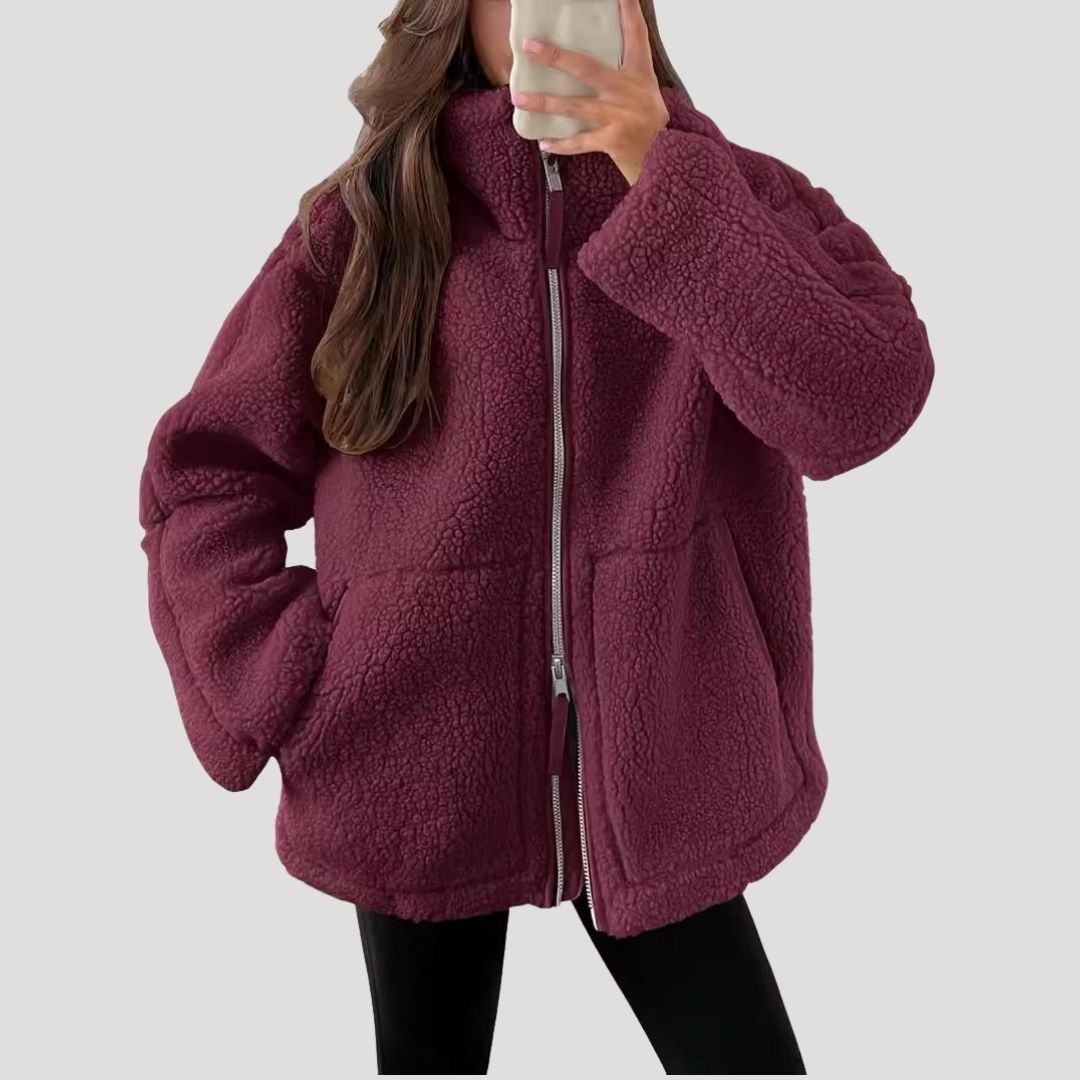 SUENTA Damen Fleecejacke Weiche Warme Flauschigen Textur Fleece-Material Reißverschluss Rot