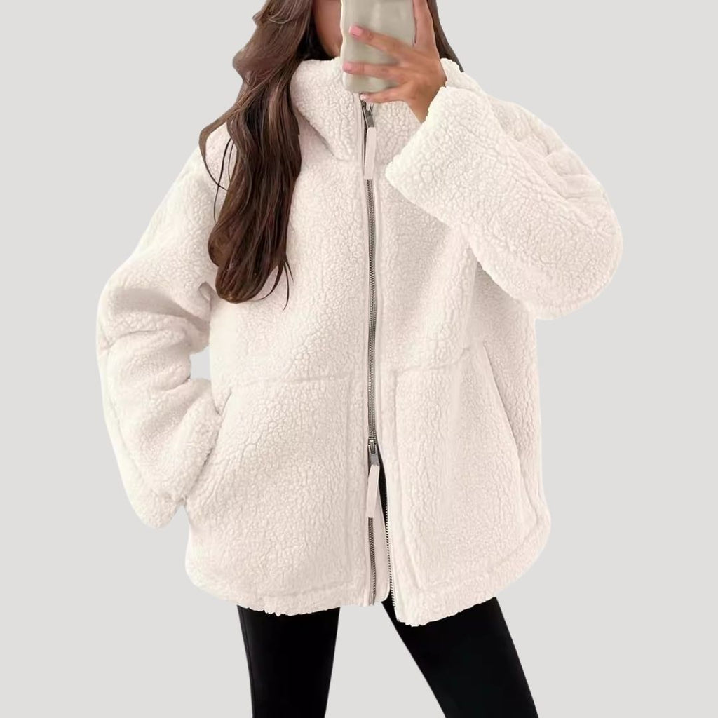 SUENTA Damen Fleecejacke Weiche Warme Flauschigen Textur Fleece-Material Reißverschluss Weiß