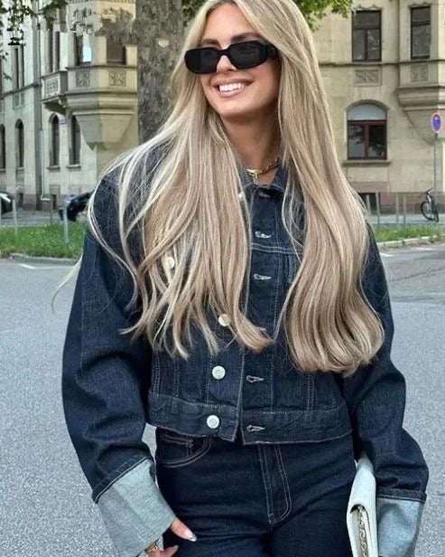 SUENTA Damen-Denim-Set Truckerjacke High-Waist-Jeans mit weitem Bein Lässige Passform