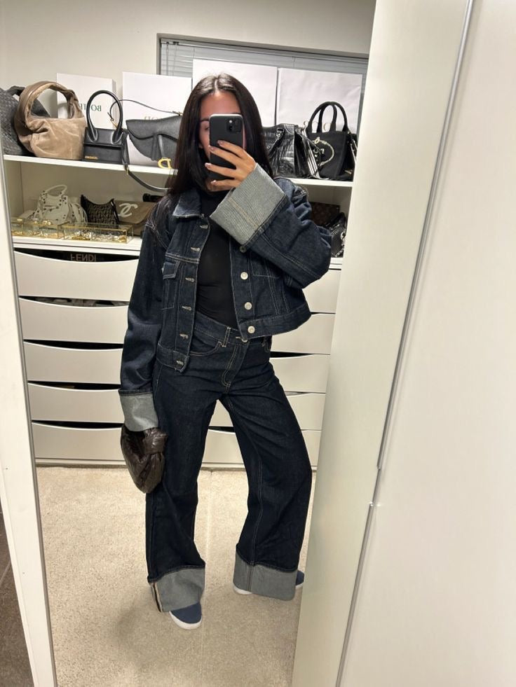 SUENTA Damen-Denim-Set Truckerjacke High-Waist-Jeans mit weitem Bein Lässige Passform