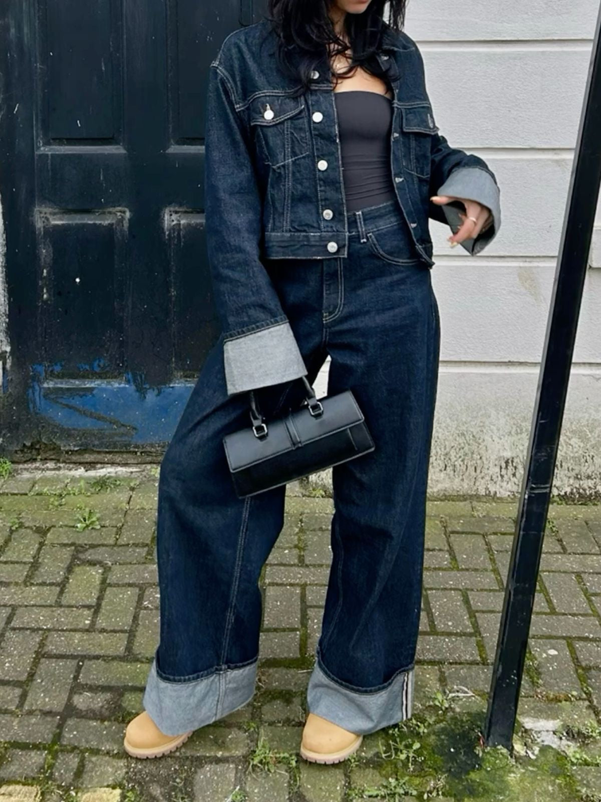 SUENTA Damen-Denim-Set Truckerjacke High-Waist-Jeans mit weitem Bein Lässige Passform