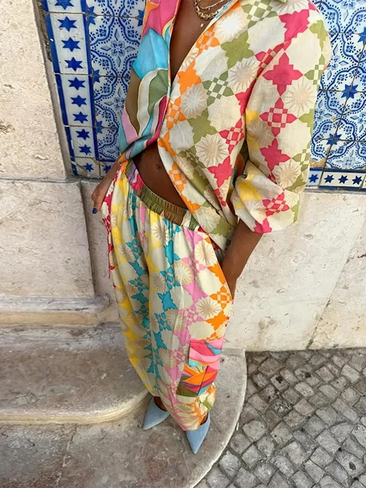 SUENTA Damen-Jumpsuit Lässige Passform Geometrisches Muster Atmungsaktiv Lange Ärmel