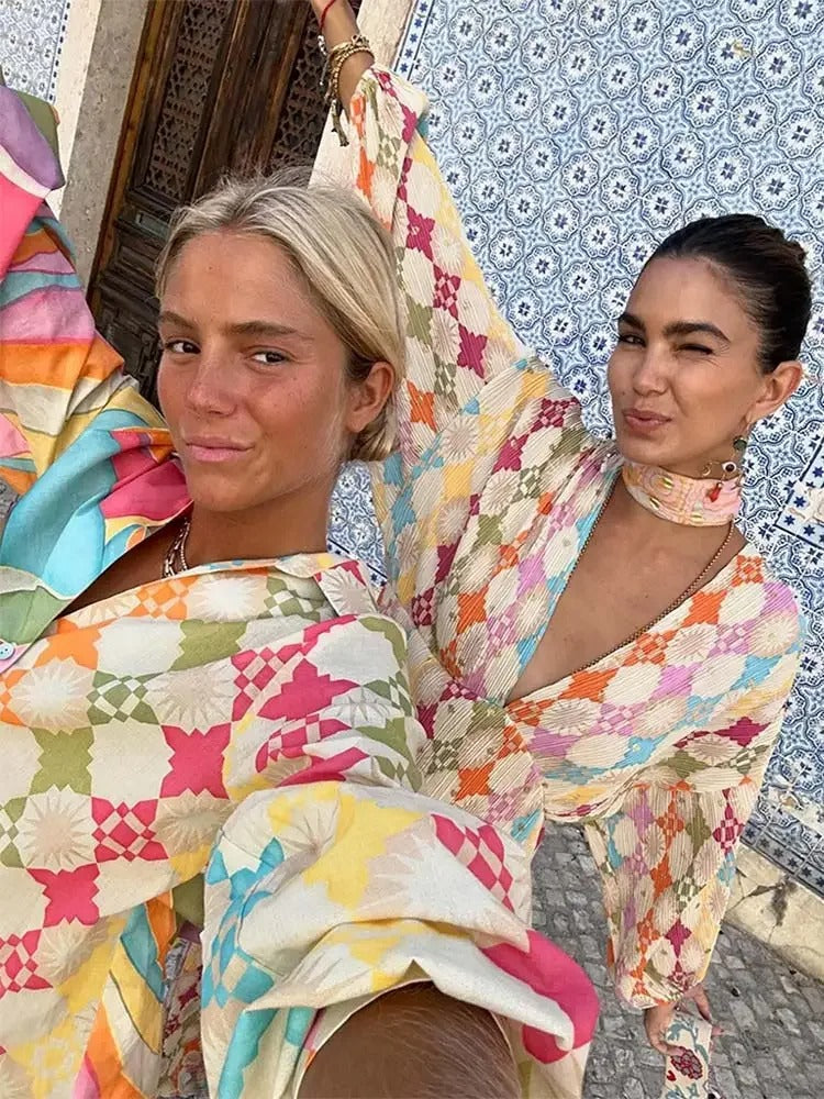 SUENTA Damen-Jumpsuit Lässige Passform Geometrisches Muster Atmungsaktiv Lange Ärmel