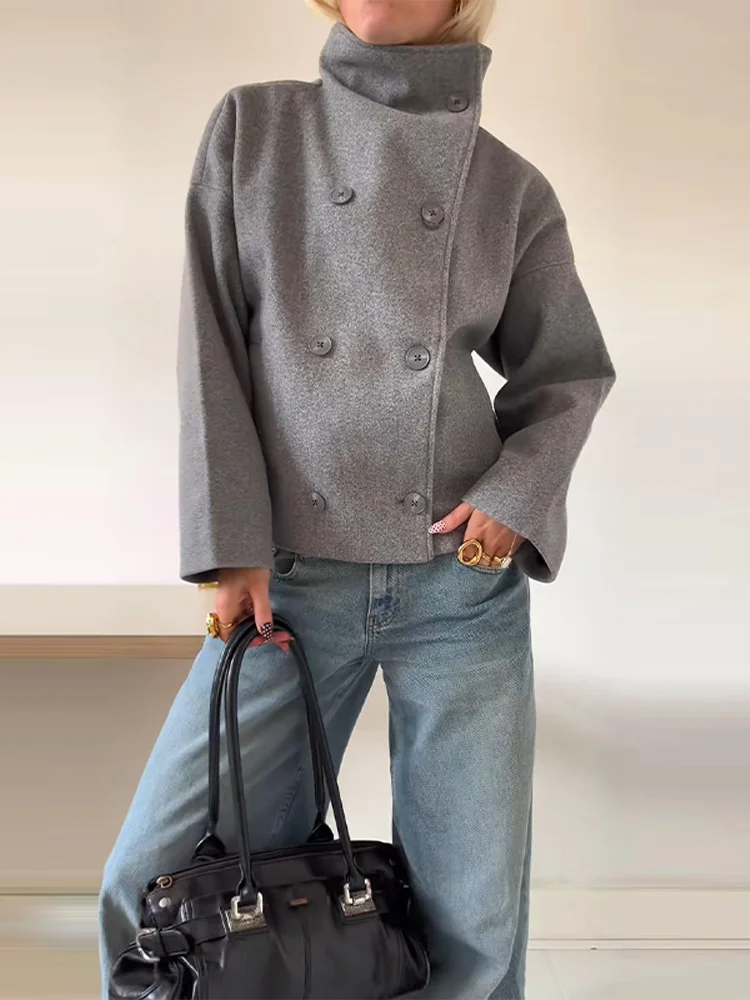 SUENTA Damenmantel Oversized-Passform Wollmischung Stehkragen Doppelt Gesteppt Grau