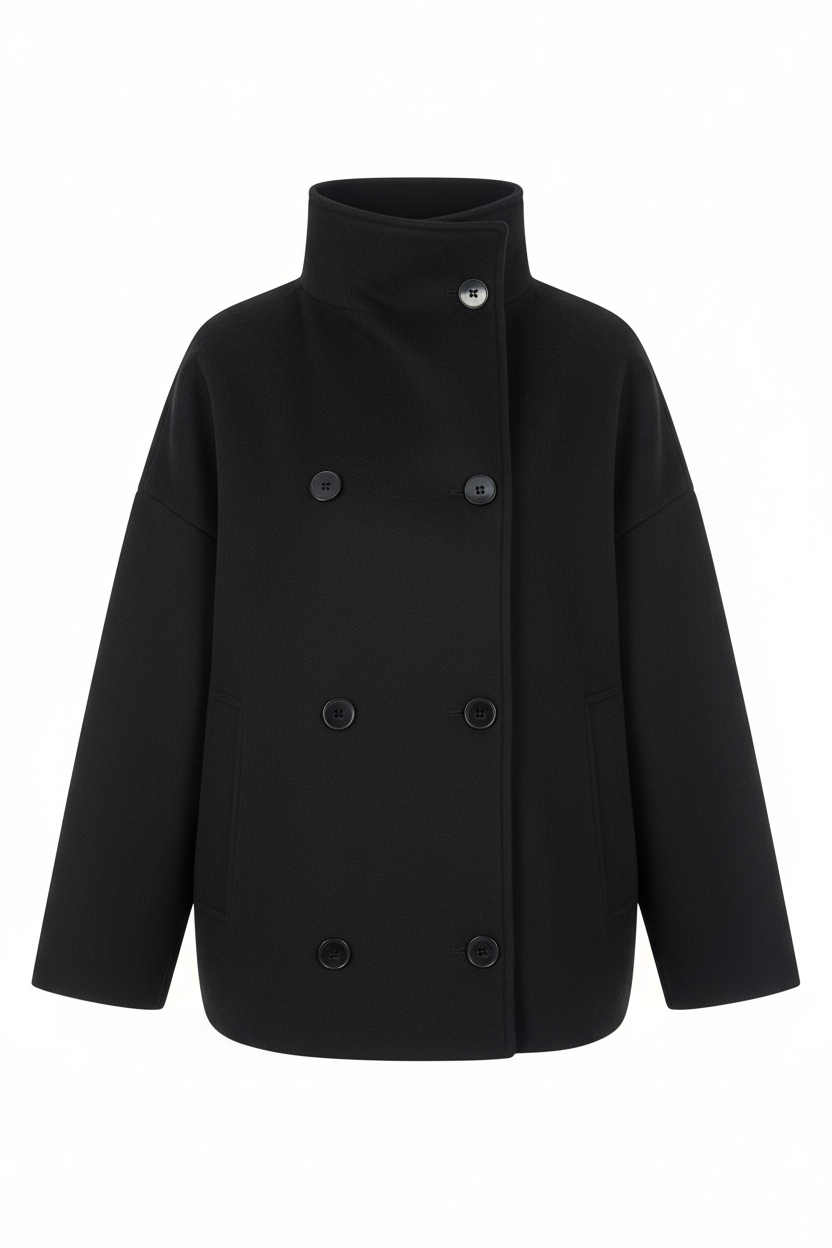 SUENTA Damen-Kurzmantel Oversized-Passform Wollmischung Stehkragen Doppelt Gesteppt
