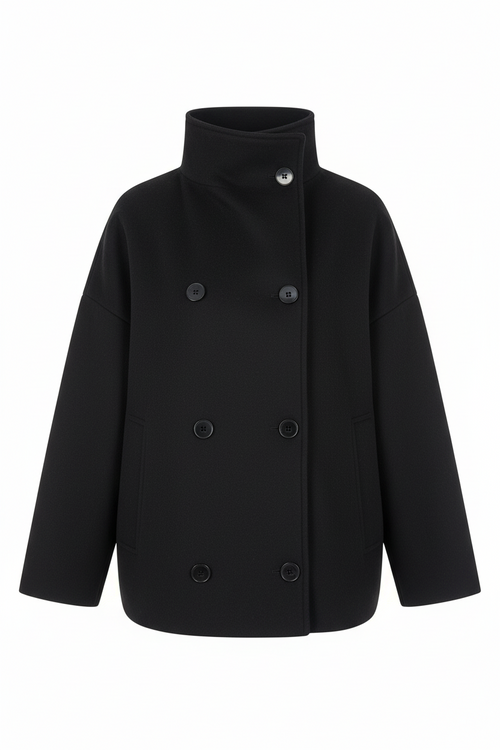 SUENTA Damen-Kurzmantel Oversized-Passform Wollmischung Stehkragen Doppelt Gesteppt