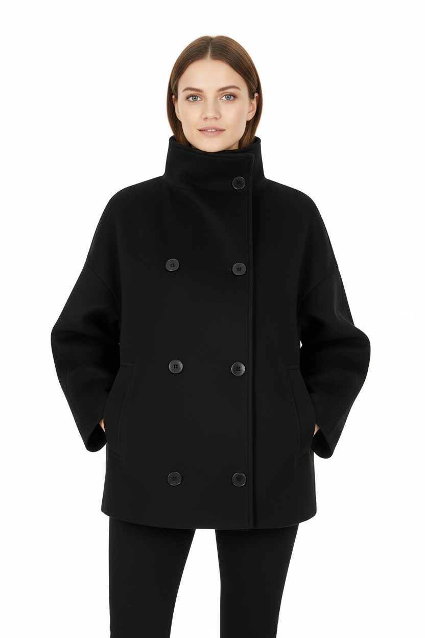 SUENTA Damen-Kurzmantel Oversized-Passform Wollmischung Stehkragen Doppelt Gesteppt