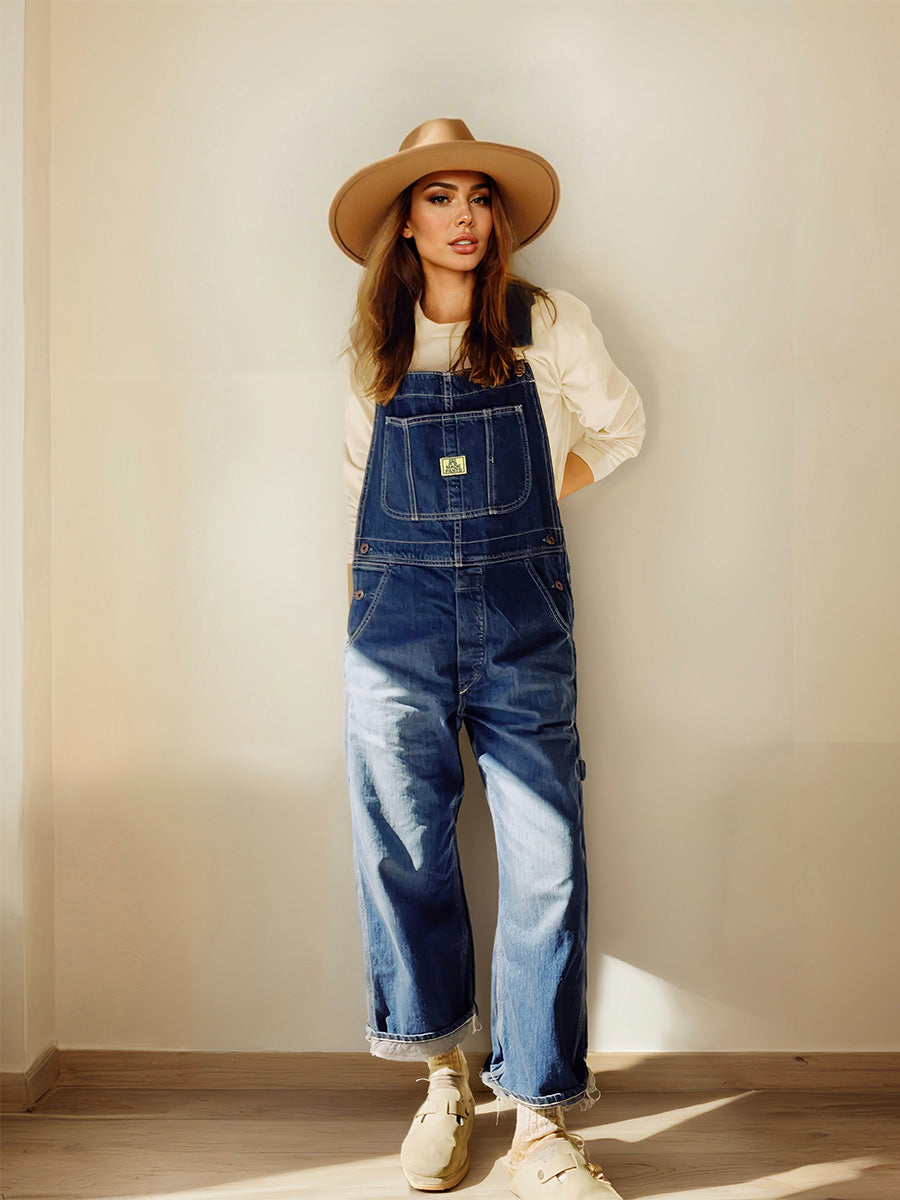 SUENTA Damen-Latzhose aus Denim Vintage-Look praktische Schlaufe grüne Ziernähte Dunkelblau