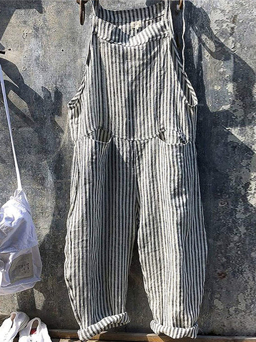 SUENTA Damen-Latzhose Mit Streifen Und Weitem Bein 80 % Baumwolle, 20 % Leinen Grau