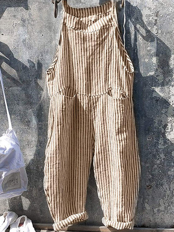 SUENTA Damen-Latzhose Mit Streifen Und Weitem Bein 80 % Baumwolle, 20 % Leinen Khaki