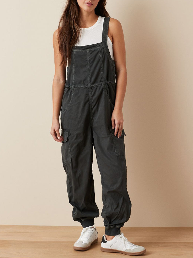 SUENTA Damen-Latzhose Mit Lockerem Schnitt Und Cargo-Latz 100% Baumwolle Cargotaschen Schwarz