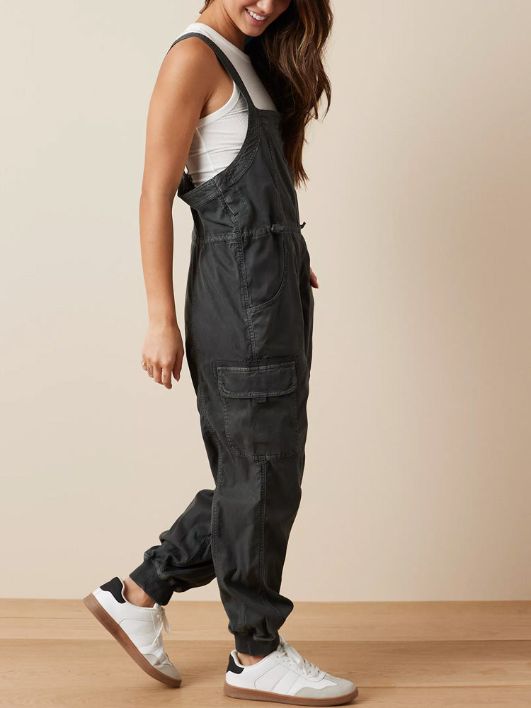SUENTA Damen-Latzhose Mit Lockerem Schnitt Und Cargo-Latz 100% Baumwolle Cargotaschen