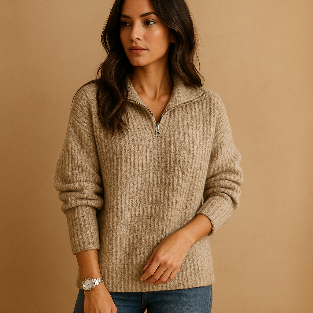 SUENTA Damen-Pullover Mit Halbem Reißverschluss Und Taillierter Passform Khaki