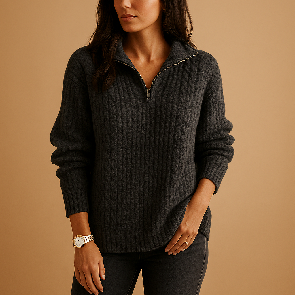 SUENTA Damen-Pullover Mit Halbem Reißverschluss Und Taillierter Passform Dunkelgrau