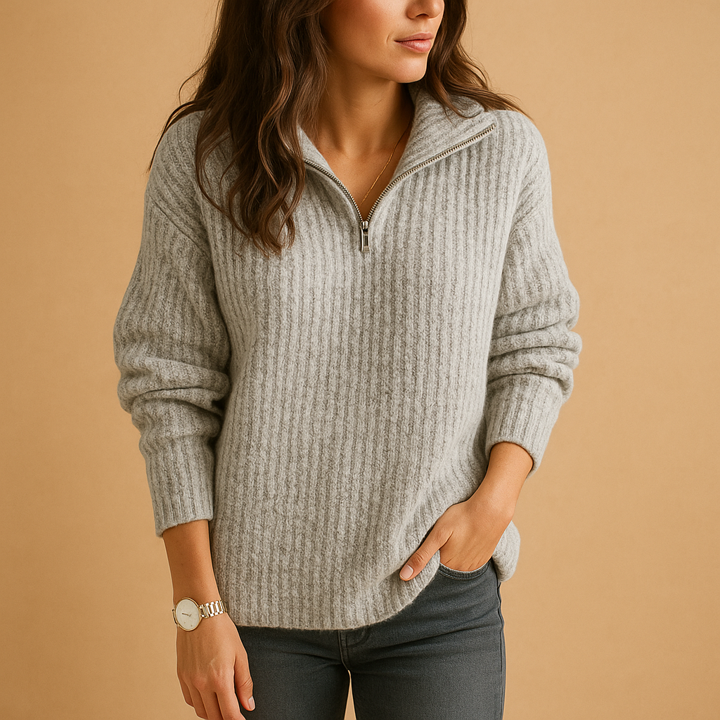 SUENTA Damen-Pullover Mit Halbem Reißverschluss Und Taillierter Passform Grau