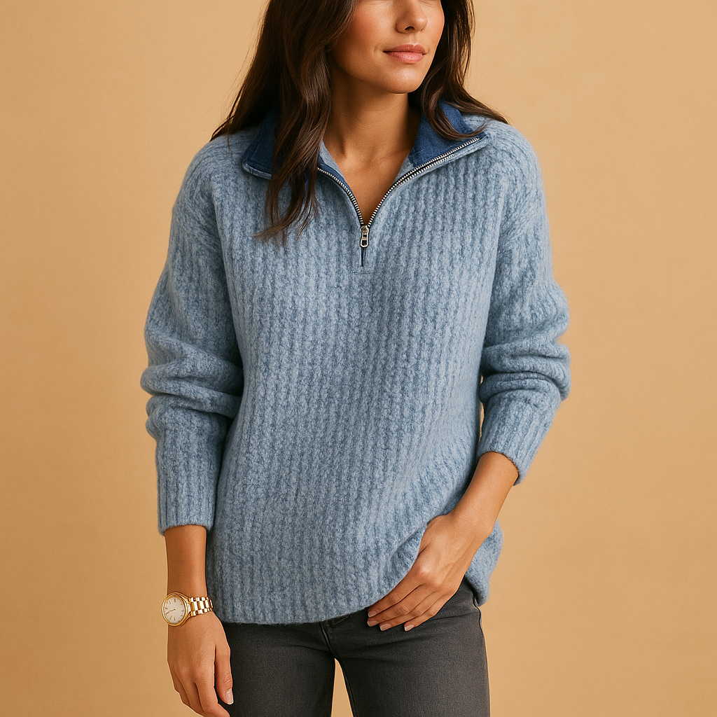 SUENTA Damen-Pullover Mit Halbem Reißverschluss Und Taillierter Passform Blau