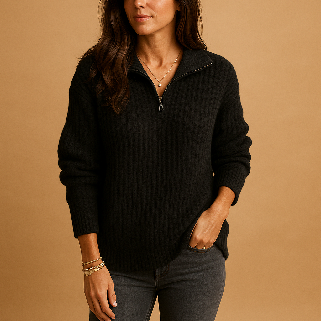 SUENTA Damen-Pullover Mit Halbem Reißverschluss Und Taillierter Passform Schwarz