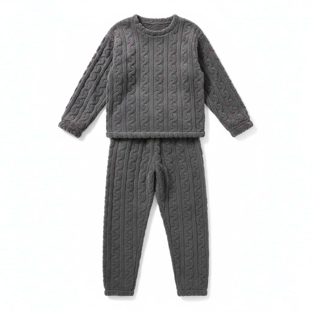 SUENTA Damen-Pyjama-Set Flauschiger Strick Bequeme Passform Zopfmuster Bodenlang