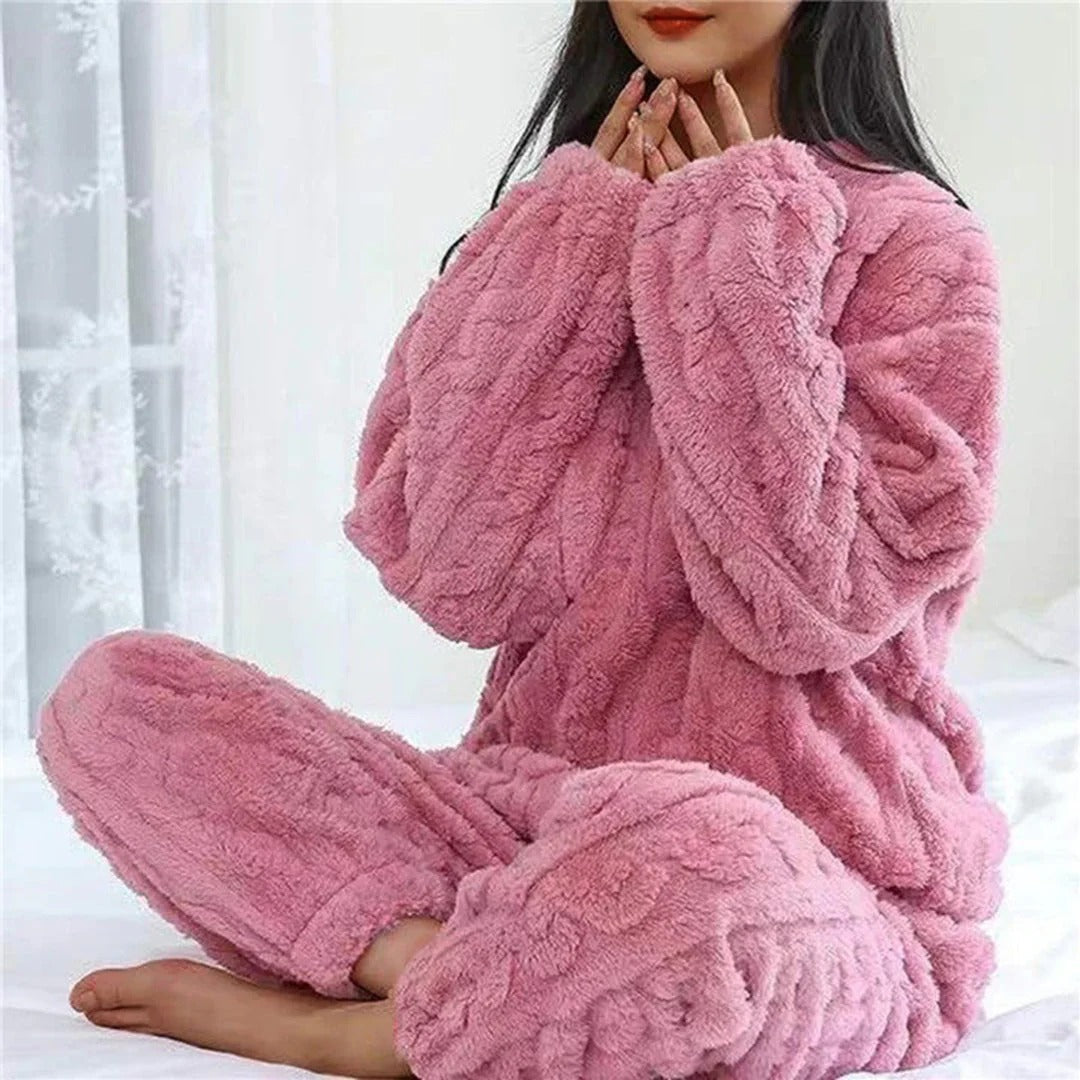 SUENTA Damen-Pyjama-Set Flauschiger Strick Bequeme Passform Zopfmuster Bodenlang Rosa