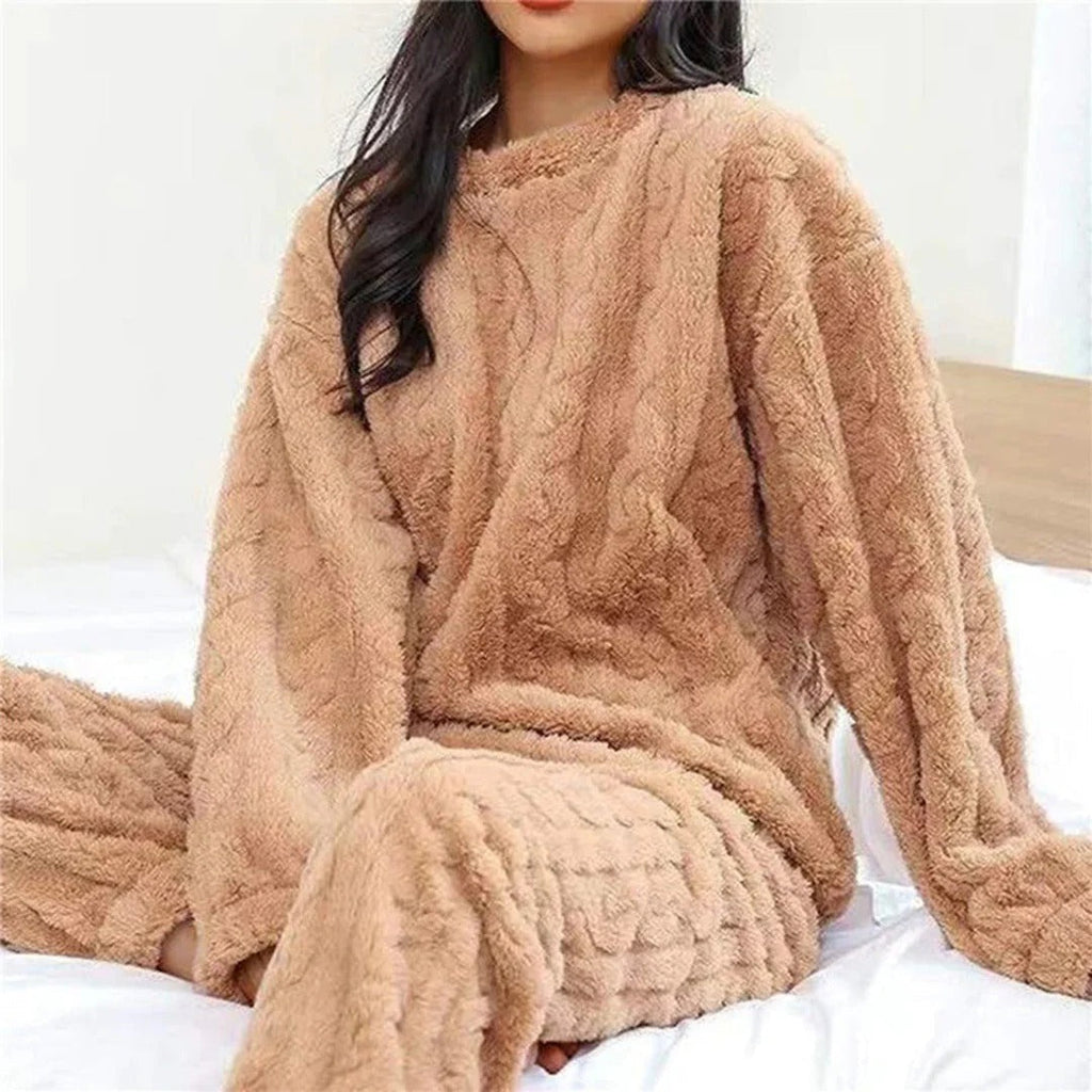 SUENTA Damen-Pyjama-Set Flauschiger Strick Bequeme Passform Zopfmuster Bodenlang Braun