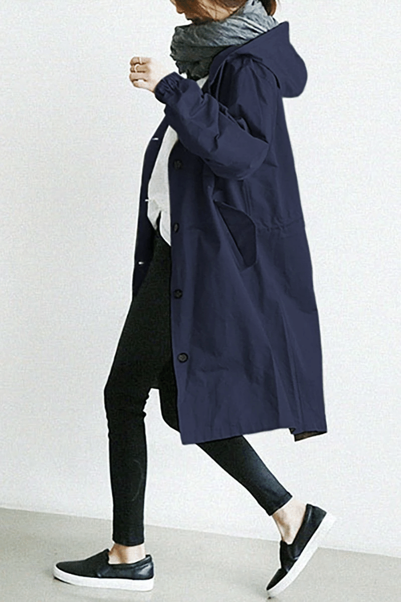 SUENTA Damen-Regenmantel Trenchcoat – Longline & Oversize-Kapuze Marineblau