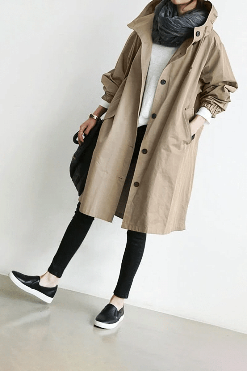 SUENTA Damen-Regenmantel Trenchcoat – Longline & Oversize-Kapuze Khaki