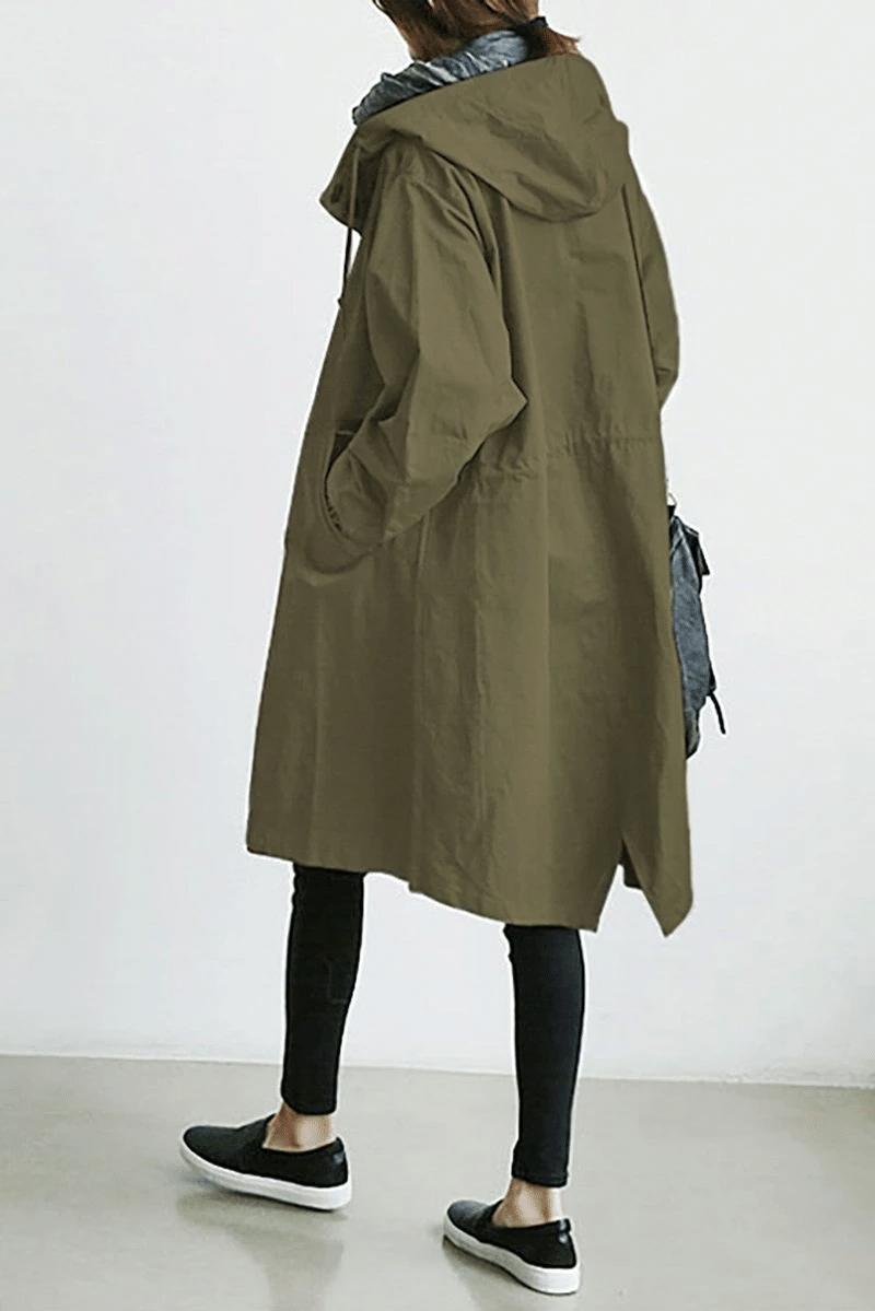 SUENTA Damen-Regenmantel Trenchcoat – Longline & Oversize-Kapuze Armeegrün