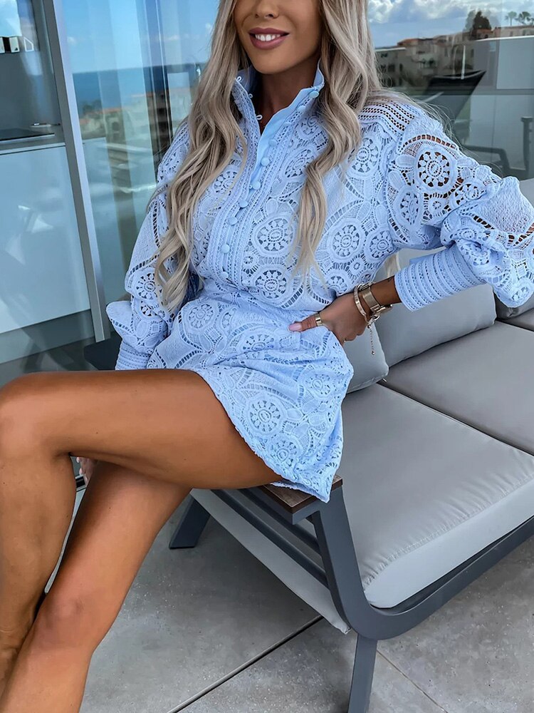 SUENTA Damen-Spitzenset Bluse mit langen Ärmeln Shorts mit hohem Bund Luftig