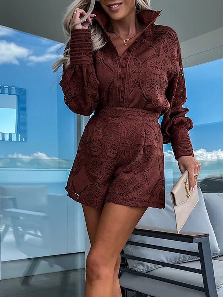 SUENTA Damen-Spitzenset Bluse mit langen Ärmeln Shorts mit hohem Bund Luftig Dunkelbraun