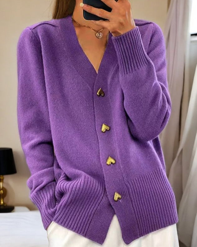 SUENTA Mechi | Damen Oversize-Strickcardigan – Herzförmige Knöpfe & Weicher Strick Violett