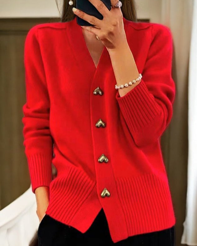 SUENTA Mechi | Damen Oversize-Strickcardigan – Herzförmige Knöpfe & Weicher Strick Rot