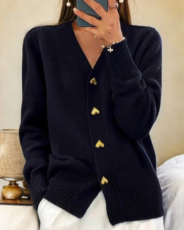 SUENTA Mechi | Damen Oversize-Strickcardigan – Herzförmige Knöpfe & Weicher Strick Schwarz