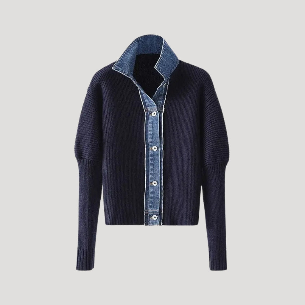 SUENTA Damen-Strickcardigan Marineblau Denim-Besatz Kragen Knopfleiste Marineblau