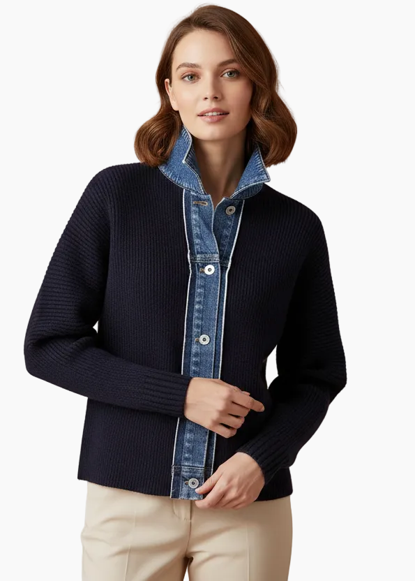 SUENTA Damen-Strickcardigan Marineblau Denim-Besatz Kragen Knopfleiste
