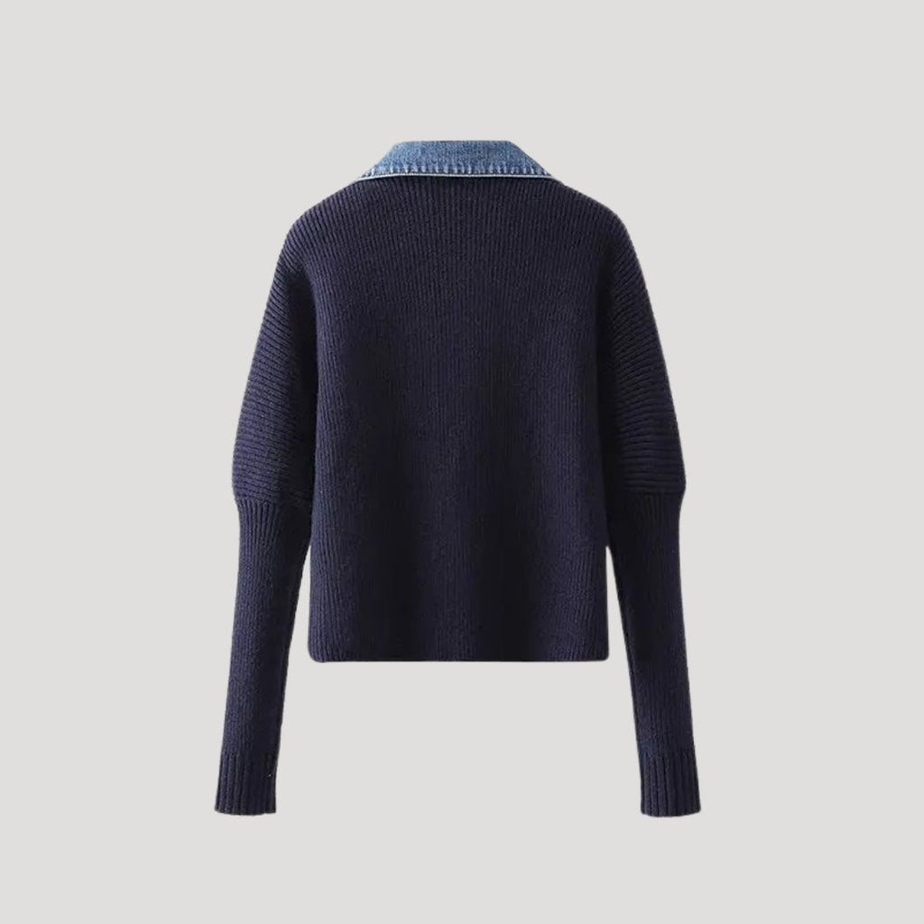 SUENTA Damen-Strickcardigan Marineblau Denim-Besatz Kragen Knopfleiste