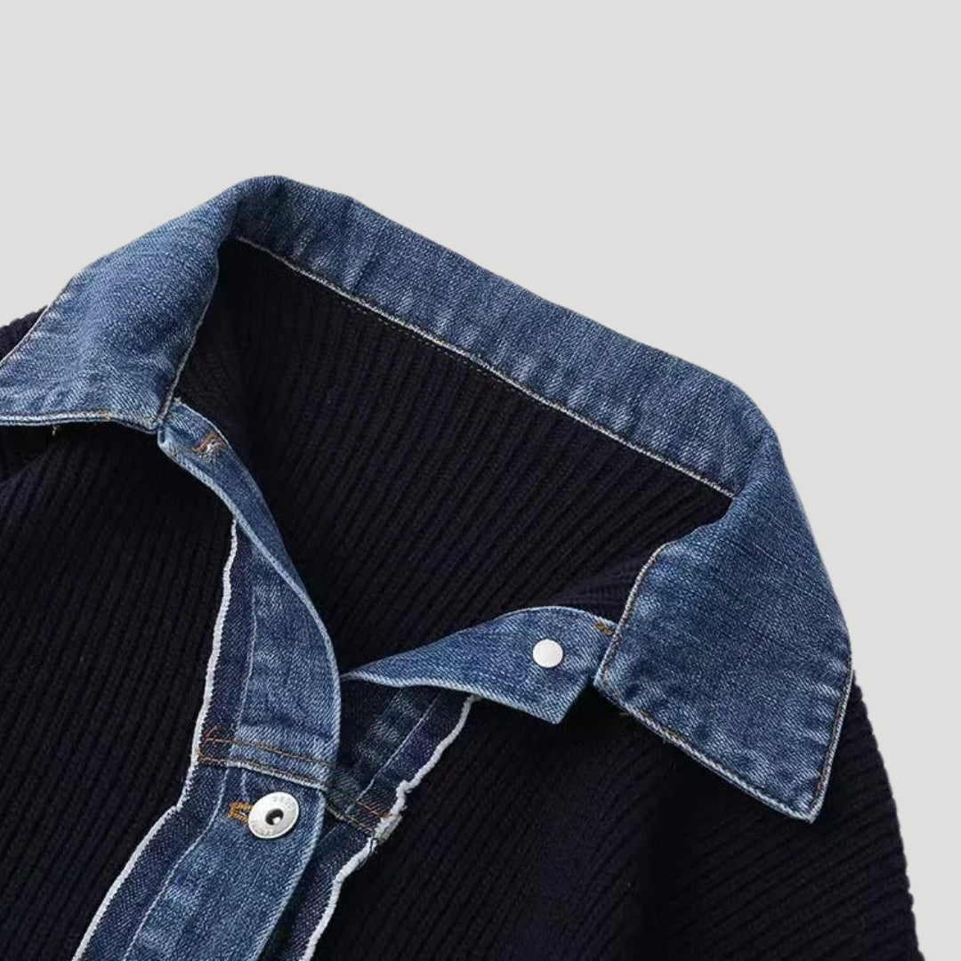 SUENTA Damen-Strickcardigan Marineblau Denim-Besatz Kragen Knopfleiste