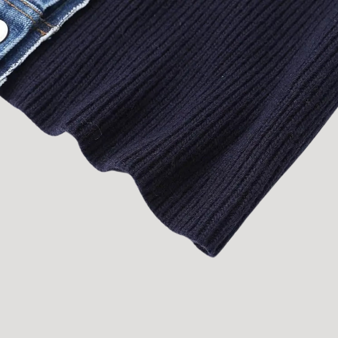 SUENTA Damen-Strickcardigan Marineblau Denim-Besatz Kragen Knopfleiste