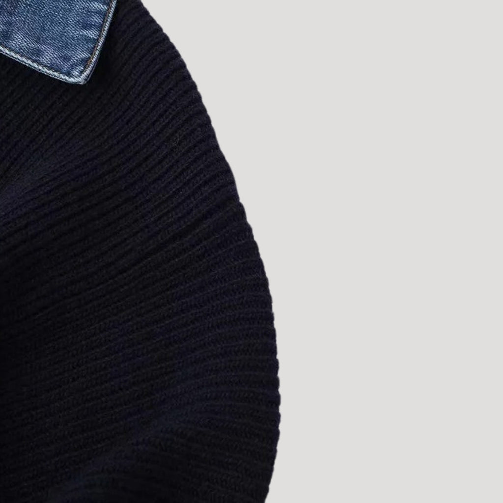 SUENTA Damen-Strickcardigan Marineblau Denim-Besatz Kragen Knopfleiste