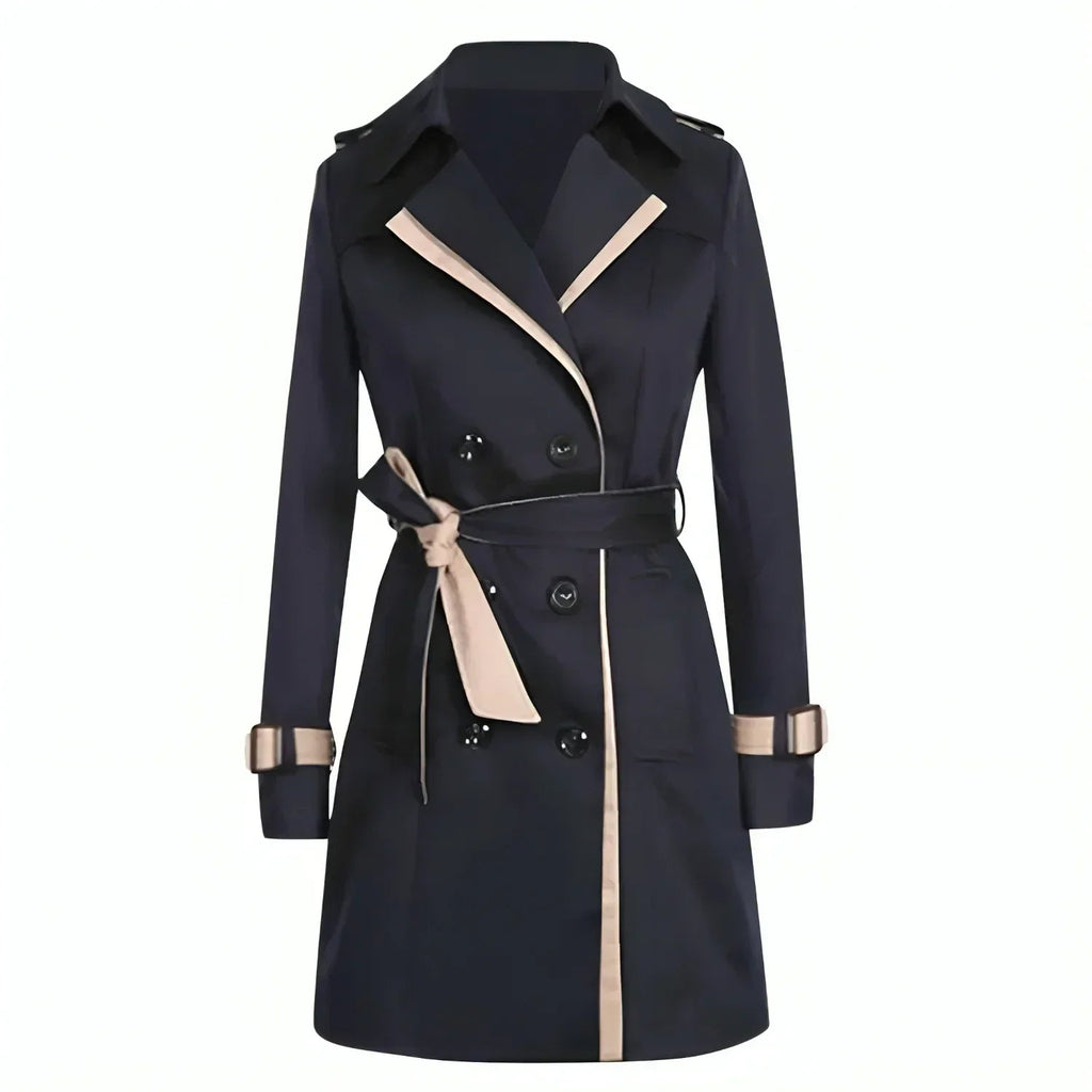 SUENTA Damen-Trenchcoat Lang – Doppelreihig & Taillengürtel Schwarz