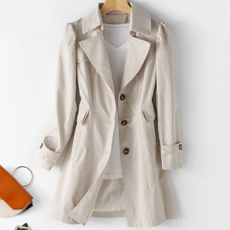 SUENTA Damen-Trenchcoat Lang – Doppelreihige Knopfleiste & Klassisches Design Beige