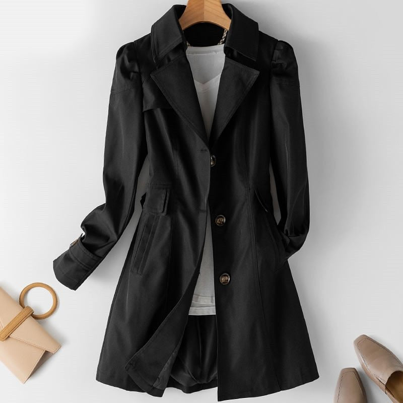 SUENTA Damen-Trenchcoat Lang – Doppelreihige Knopfleiste & Klassisches Design Schwarz