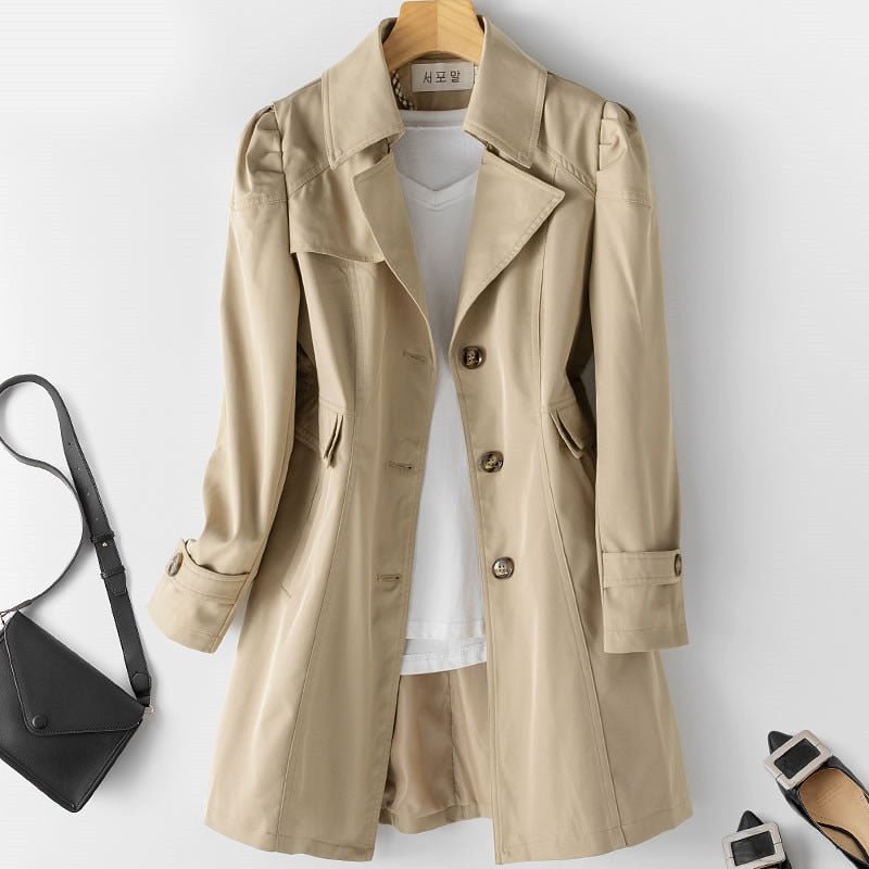 SUENTA Damen-Trenchcoat Lang – Doppelreihige Knopfleiste & Klassisches Design Khaki