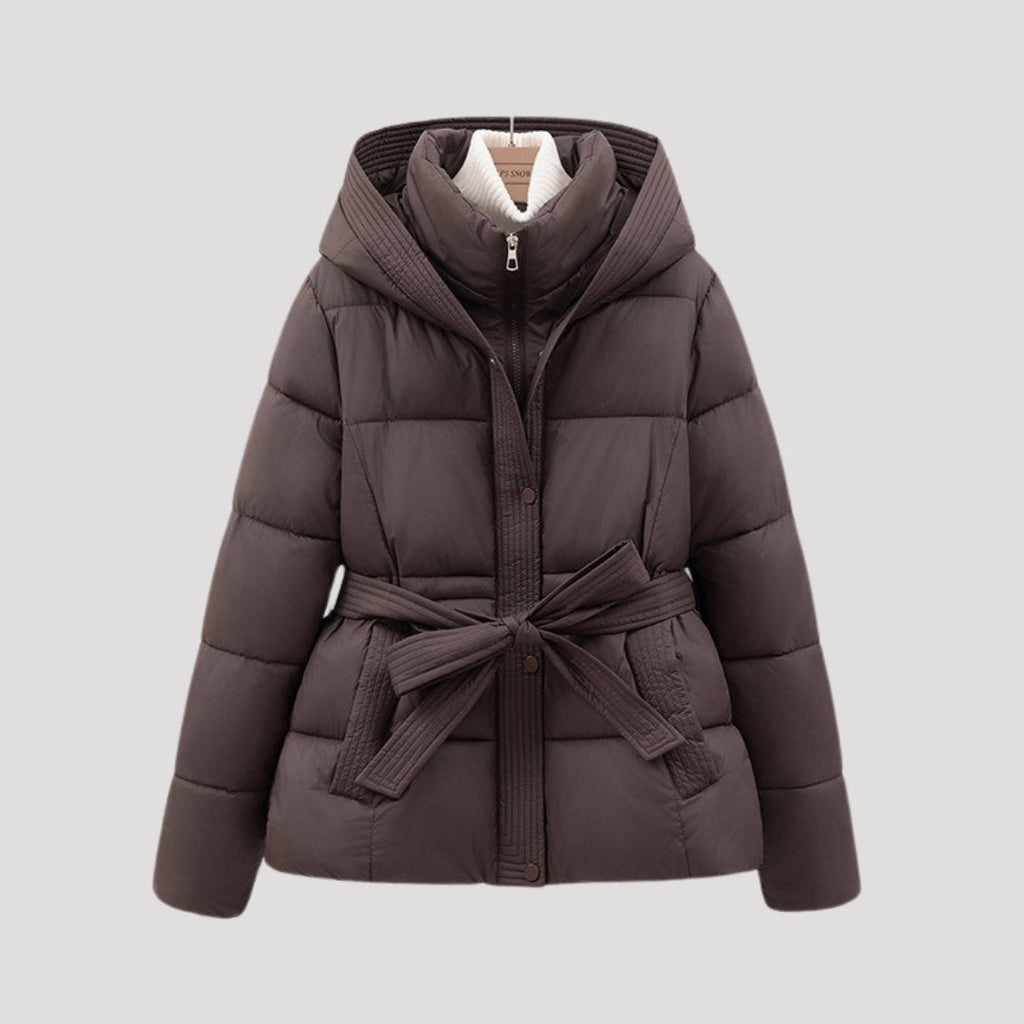SUENTA Damen-Winterjacke mit Steppung Weich Gefüttert Taillengürtel Kapuze Braun