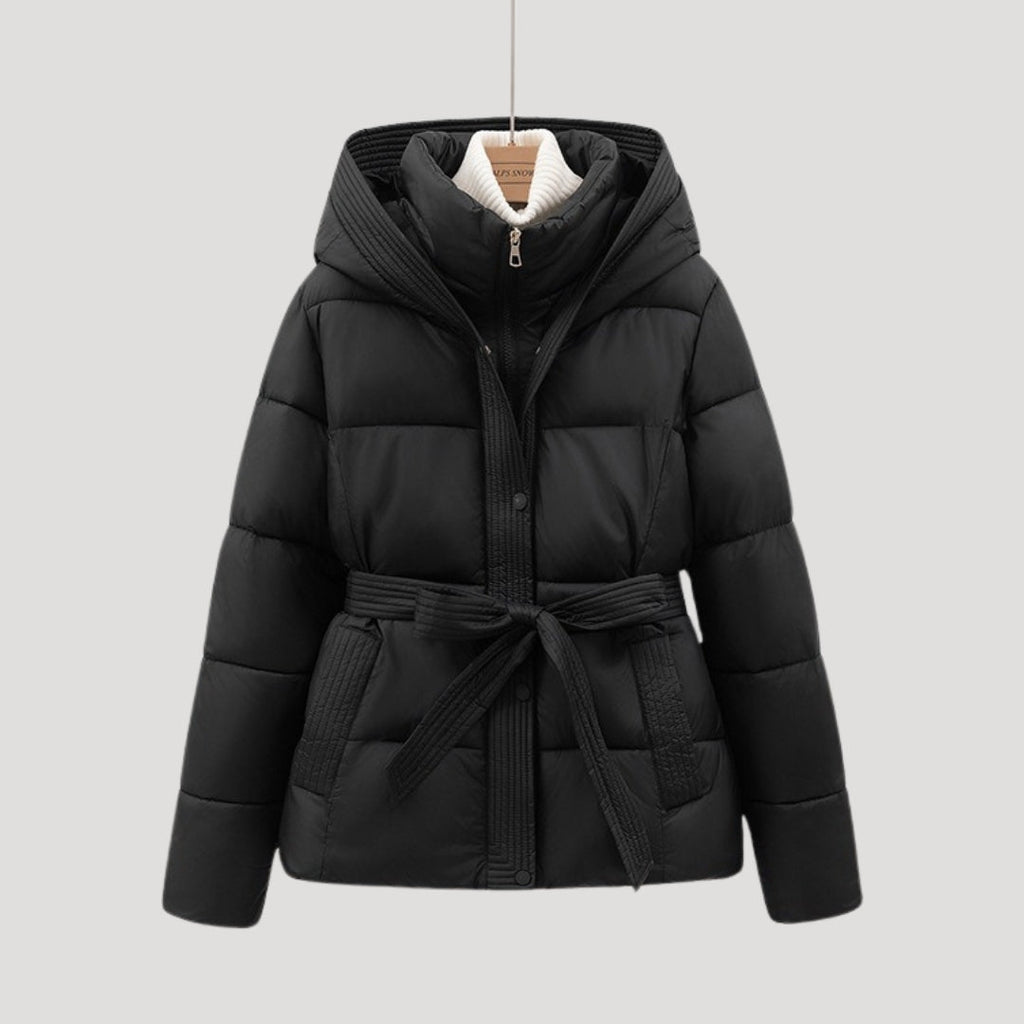 SUENTA Damen-Winterjacke mit Steppung Weich Gefüttert Taillengürtel Kapuze Schwarz