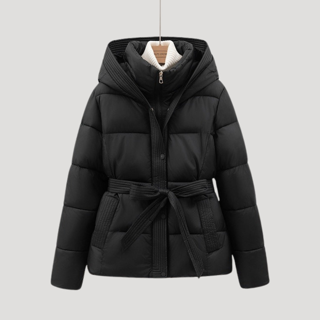 SUENTA Damen-Winterjacke mit Steppung Weich Gefüttert Taillengürtel Kapuze Schwarz